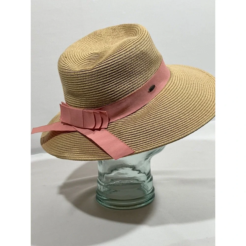 CC Sunshade Hat Womens Tan Pink Bow Wide Brim Coastal Cottagecore Beach